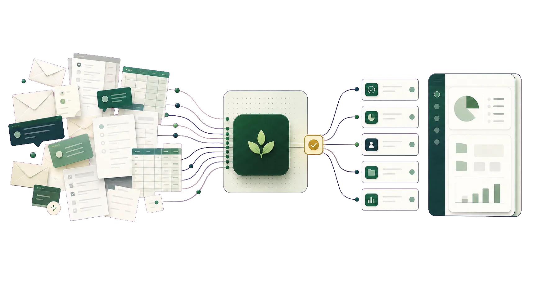 Customer messages, emails, and spreadsheets flowing into an AI workflow with a human approval step, then into organized dashboards